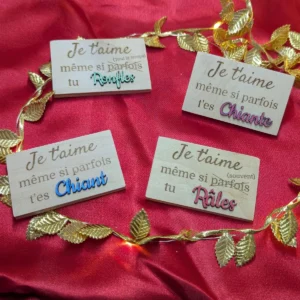 Magnets de Saint-Valentin en bois artisanal avec messages humoristiques : Je t'aime même si tu ronfles, tu râles ou t'es chiant(e), décoration frigo décalée.